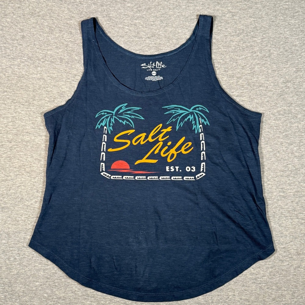 Salt Life Womens Navy Blue Graphic Tank Top Palm Tree Sunset Size Medium